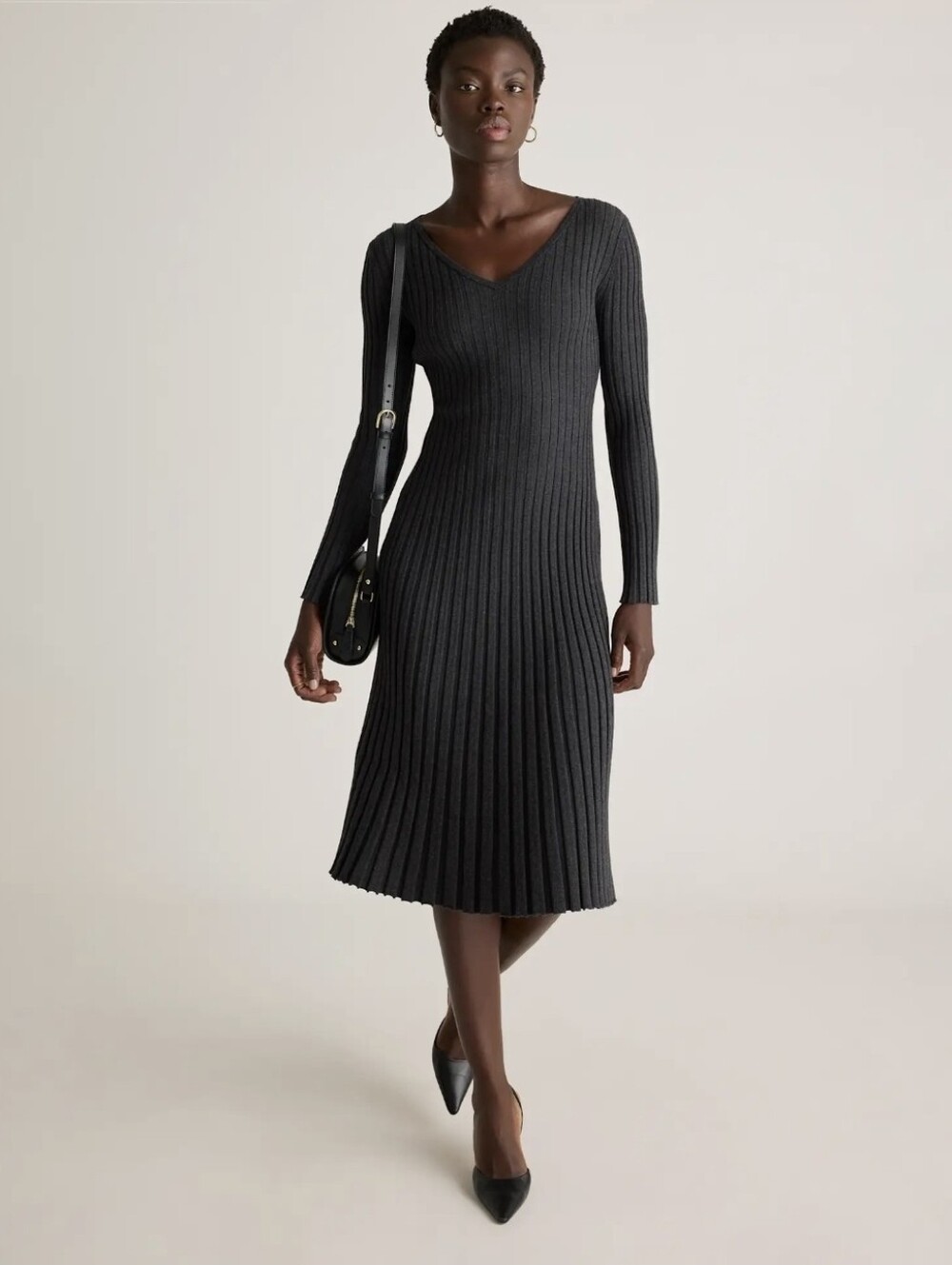 Quince Cotton Cashmere Ribbed Long Sleeve V-Neck Midi Heather Charcoal Dress S